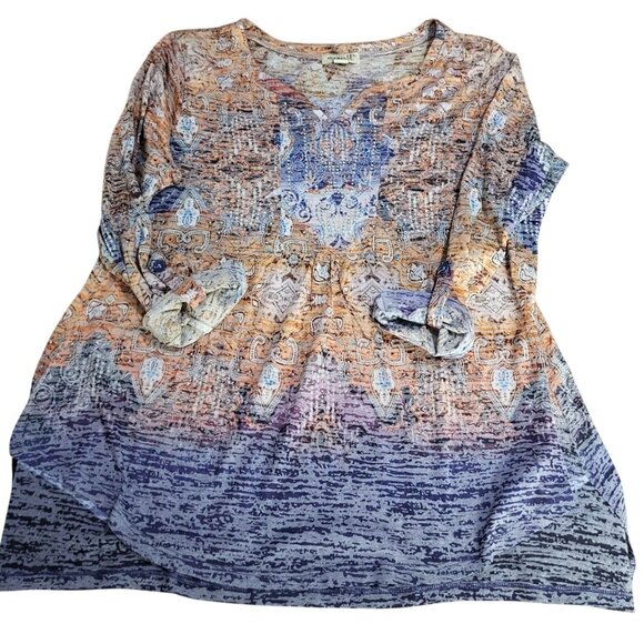 ONE WORLD Tops - ONE WORLD Women's XL Rhinesonte Burnout Boho Blouse Top Roll Tab Sleeves NWT